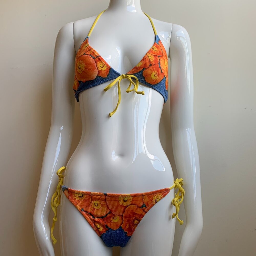 Aaron Chang denim orange floral reversible photo print bikini